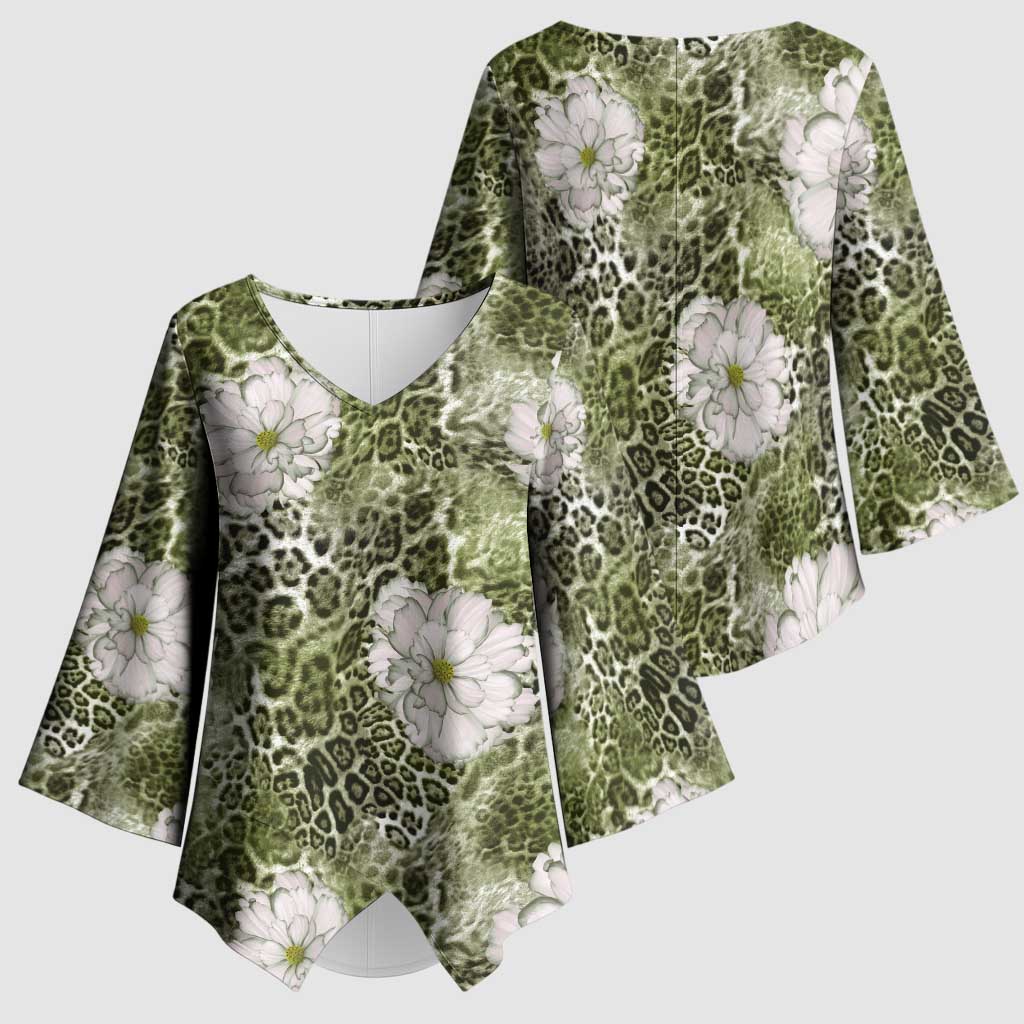 African Leopard Floral Pattern Kimono Sleeve Blouse Safari Moss