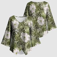 African Leopard Floral Pattern Kimono Sleeve Blouse Safari Moss