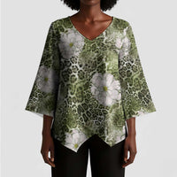African Leopard Floral Pattern Kimono Sleeve Blouse Safari Moss