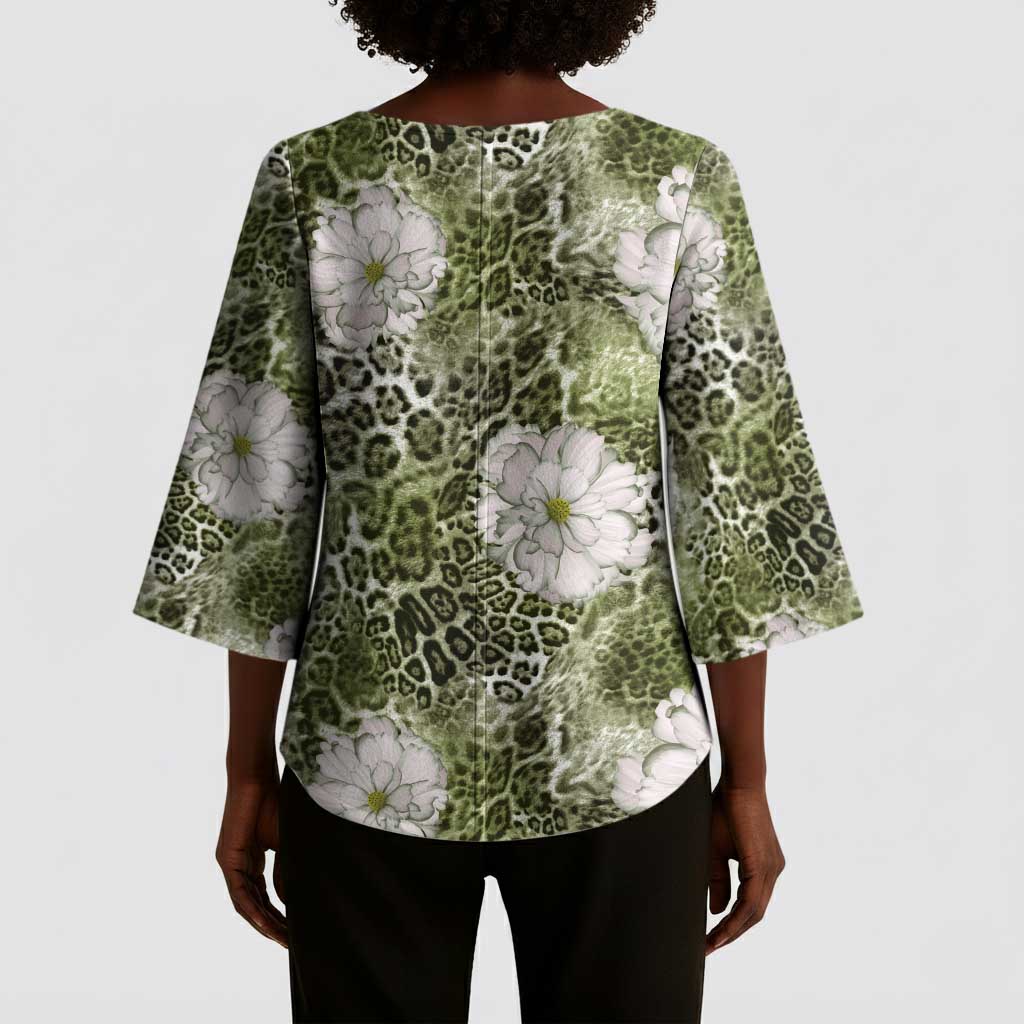 African Leopard Floral Pattern Kimono Sleeve Blouse Safari Moss