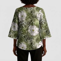 African Leopard Floral Pattern Kimono Sleeve Blouse Safari Moss