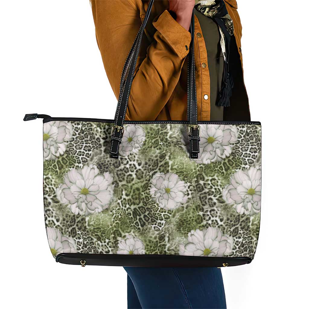 African Leopard Floral Pattern Leather Tote Bag Safari Moss