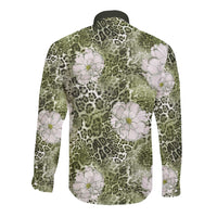 African Leopard Floral Pattern Long Sleeve Button Shirt Safari Moss