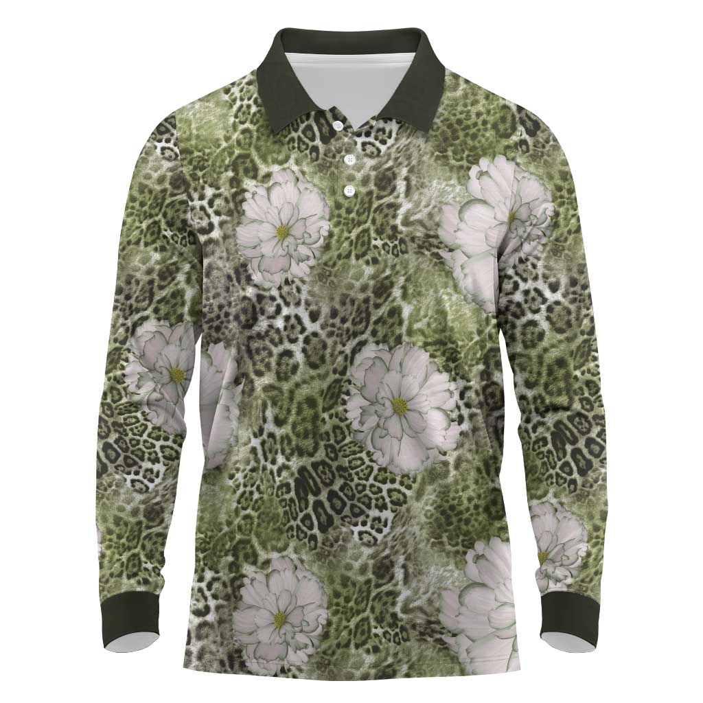 African Leopard Floral Pattern Long Sleeve Polo Shirt Safari Moss