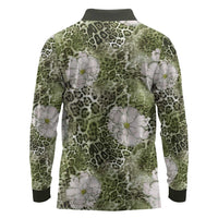 African Leopard Floral Pattern Long Sleeve Polo Shirt Safari Moss