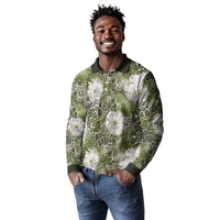 African Leopard Floral Pattern Long Sleeve Polo Shirt Safari Moss