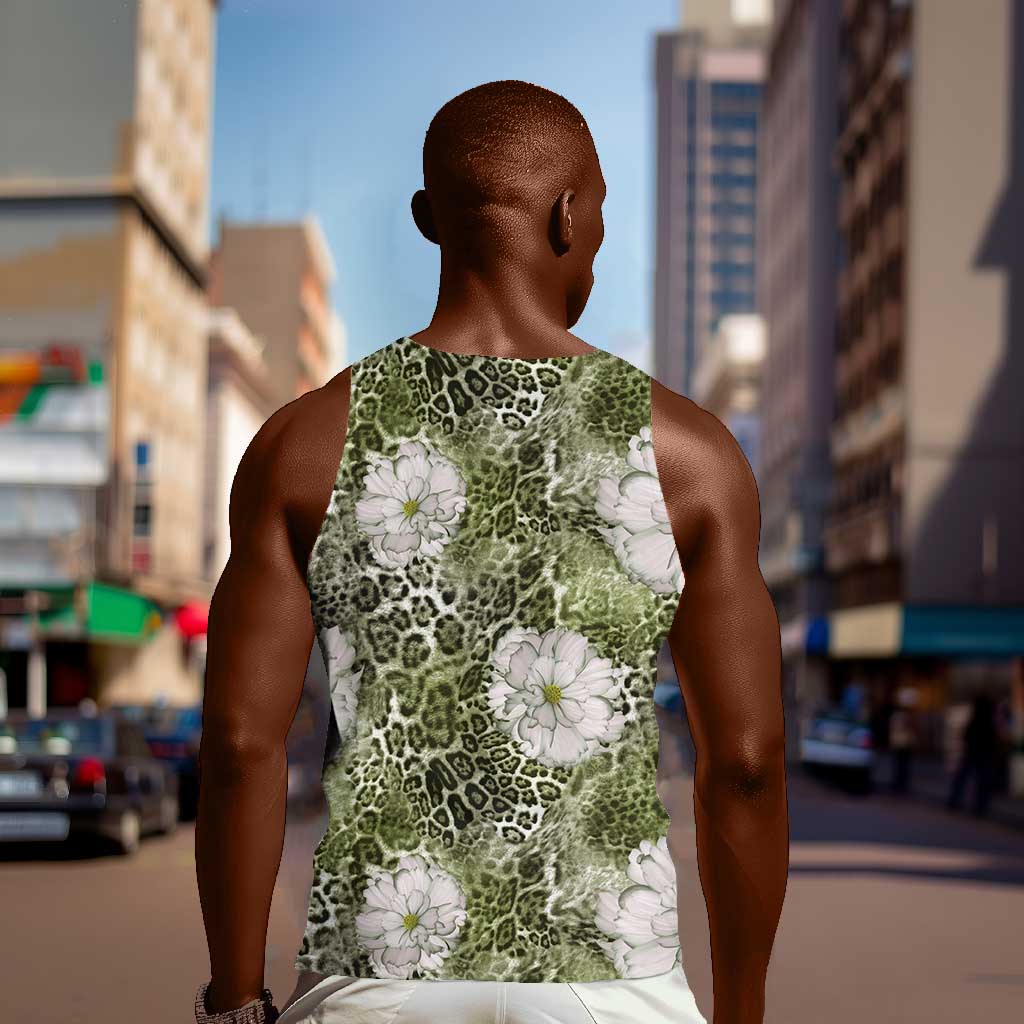 African Leopard Floral Pattern Men Tank Top Safari Moss
