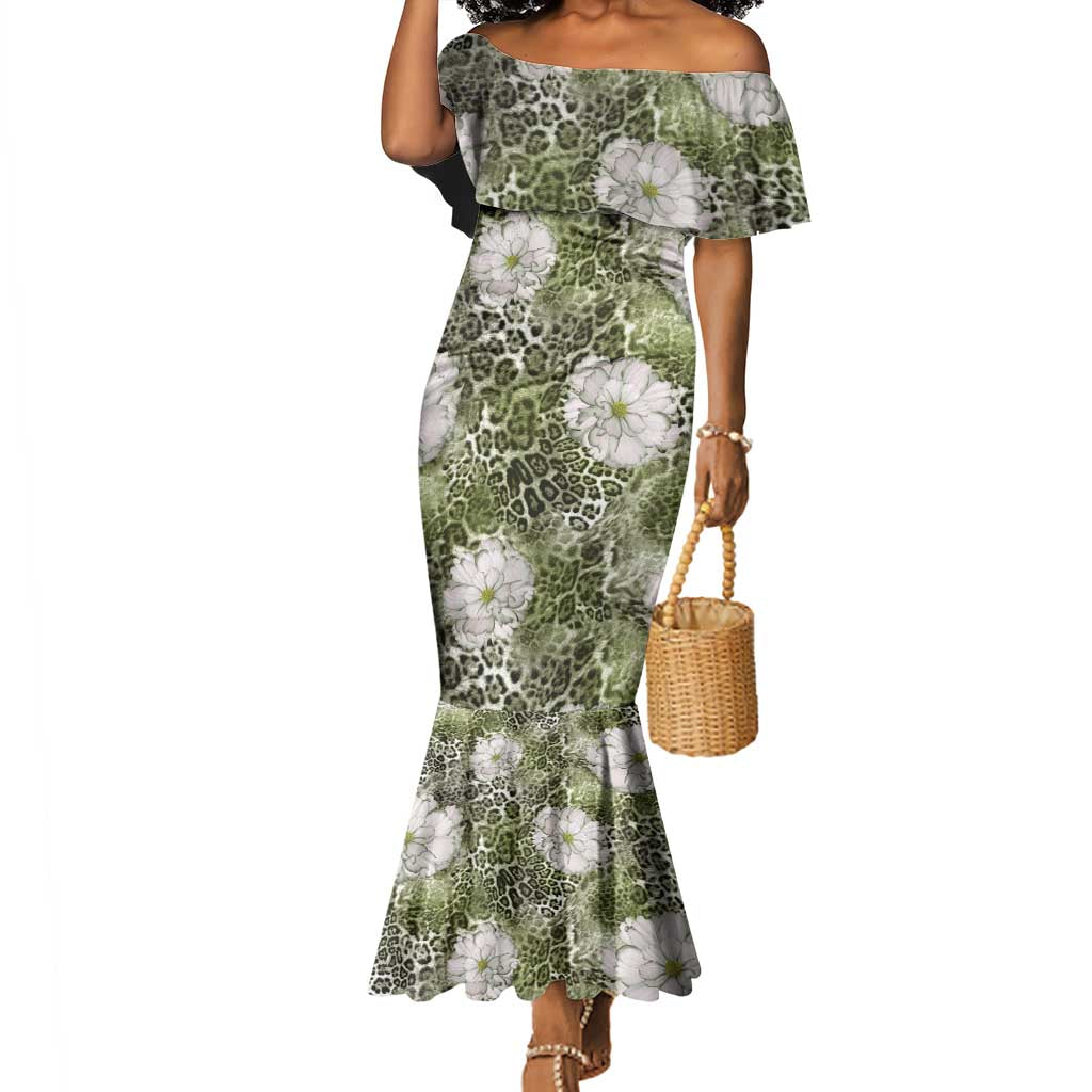 African Leopard Floral Pattern Mermaid Dress Safari Moss