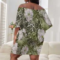 African Leopard Floral Pattern Off Shoulder Short Dress Safari Moss