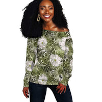 African Leopard Floral Pattern Off Shoulder Sweater Safari Moss