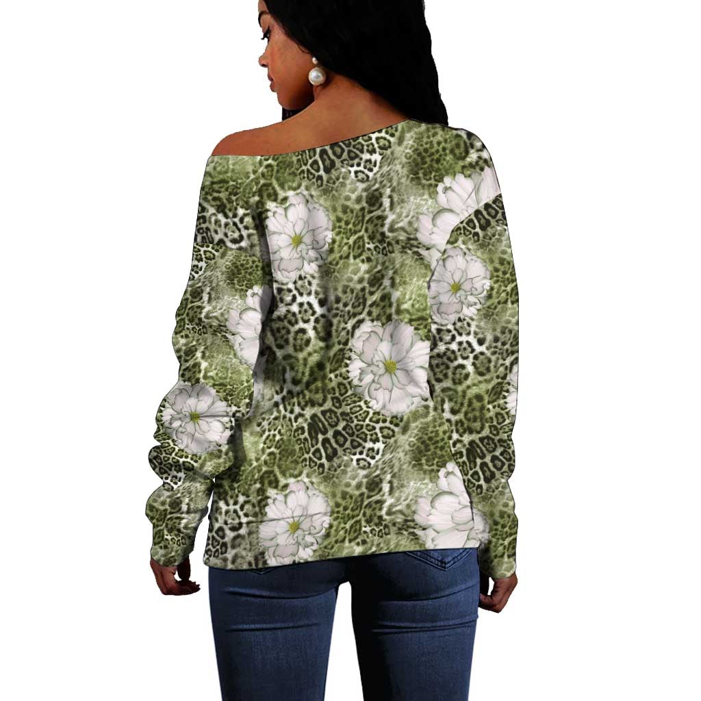 African Leopard Floral Pattern Off Shoulder Sweater Safari Moss