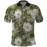 African Leopard Floral Pattern Polo Shirt Safari Moss