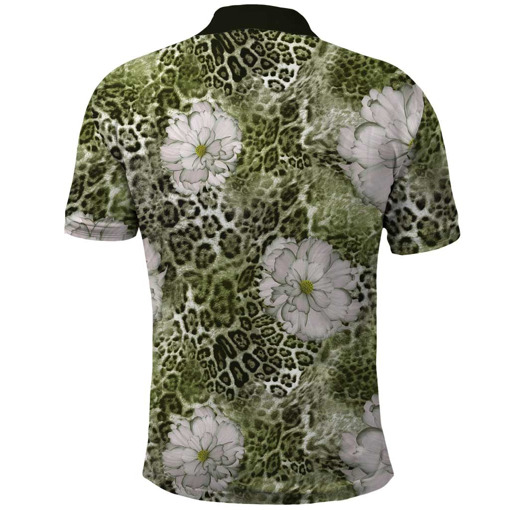 African Leopard Floral Pattern Polo Shirt Safari Moss