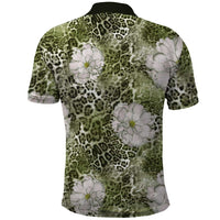 African Leopard Floral Pattern Polo Shirt Safari Moss