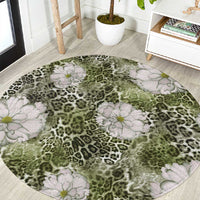 African Leopard Floral Pattern Round Carpet Safari Moss