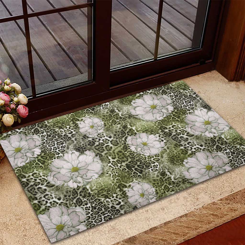 African Leopard Floral Pattern Rubber Doormat Safari Moss