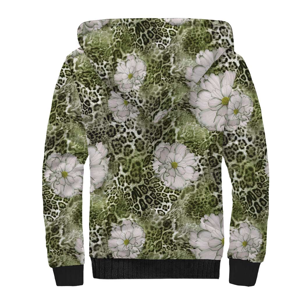 African Leopard Floral Pattern Sherpa Hoodie Safari Moss