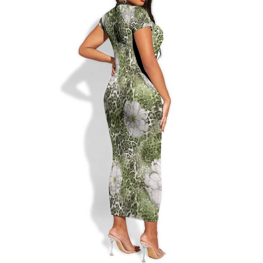 African Leopard Floral Pattern Short Sleeve Bodycon Dress Safari Moss