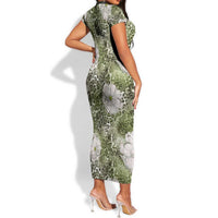 African Leopard Floral Pattern Short Sleeve Bodycon Dress Safari Moss