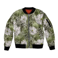 African Leopard Floral Pattern Sleeve Zip Bomber Jacket Safari Moss