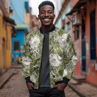 African Leopard Floral Pattern Sleeve Zip Bomber Jacket Safari Moss