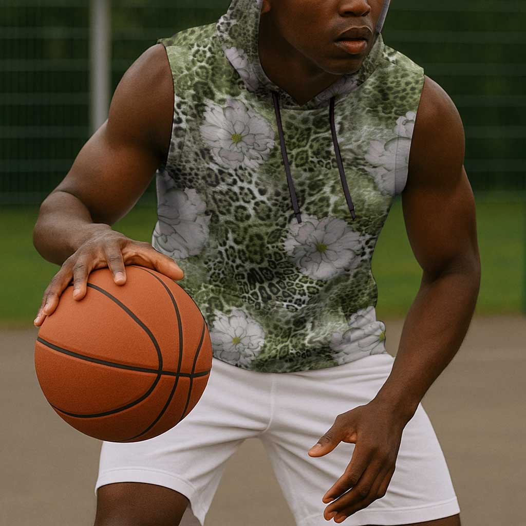 African Leopard Floral Pattern Sleeveless Hoodie Safari Moss