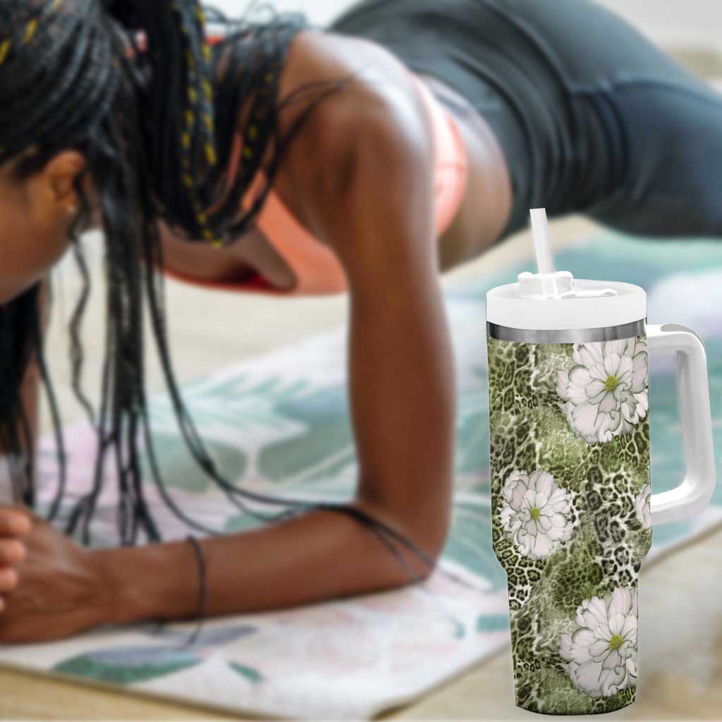 African Leopard Floral Pattern Tumbler With Handle Safari Moss