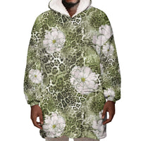 African Leopard Floral Pattern Wearable Blanket Hoodie Safari Moss