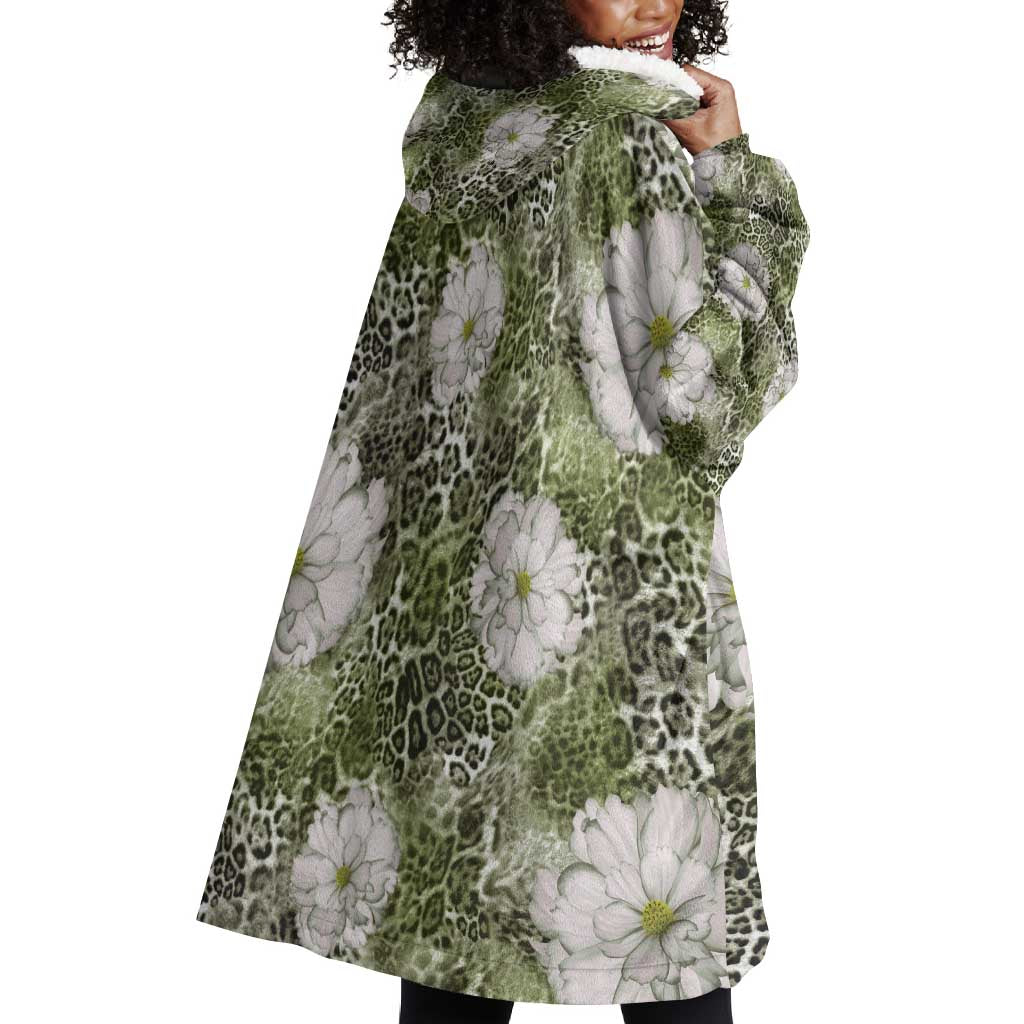 African Leopard Floral Pattern Wearable Blanket Hoodie Safari Moss