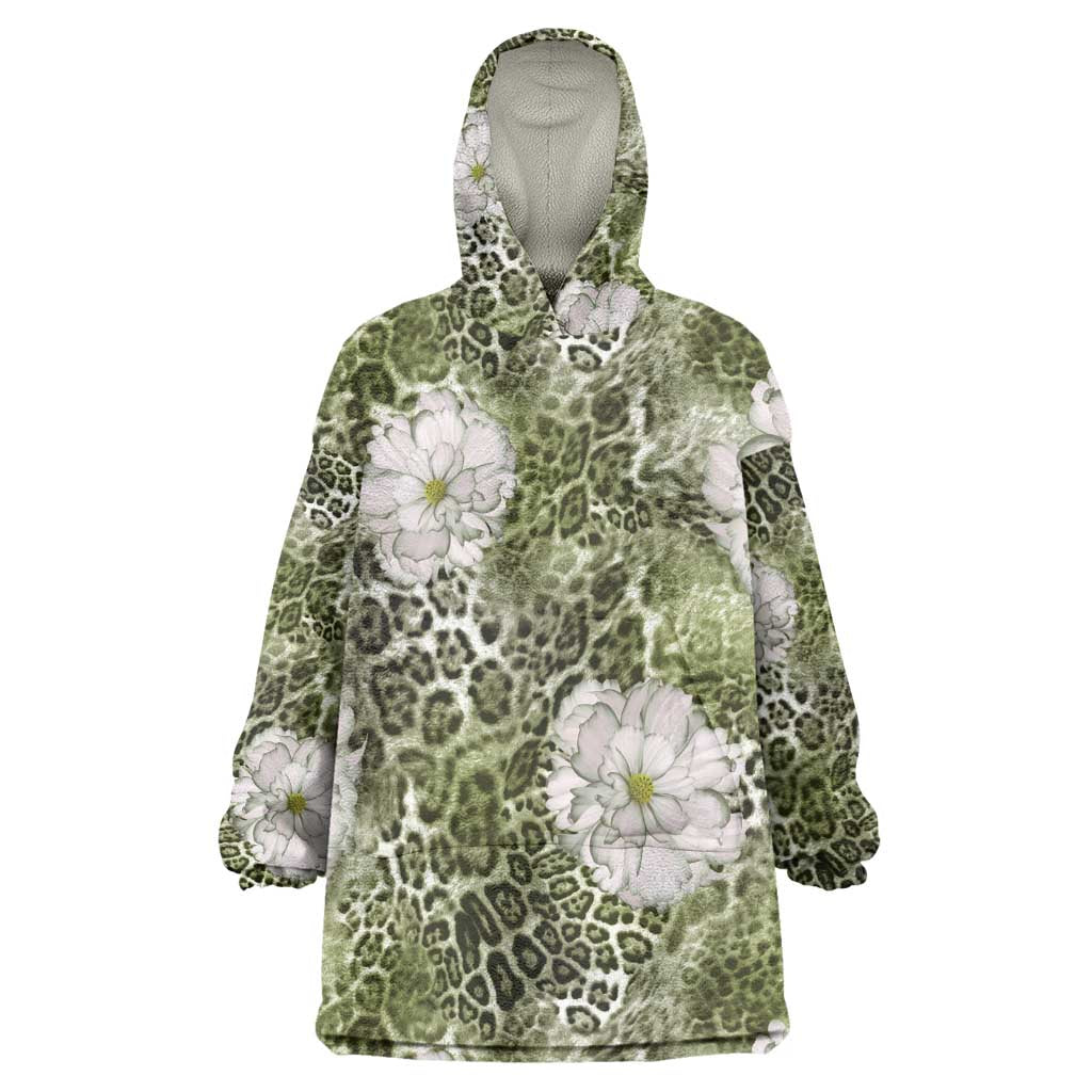 African Leopard Floral Pattern Wearable Blanket Hoodie Safari Moss