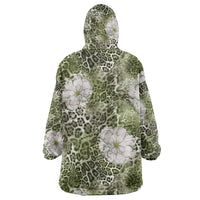 African Leopard Floral Pattern Wearable Blanket Hoodie Safari Moss