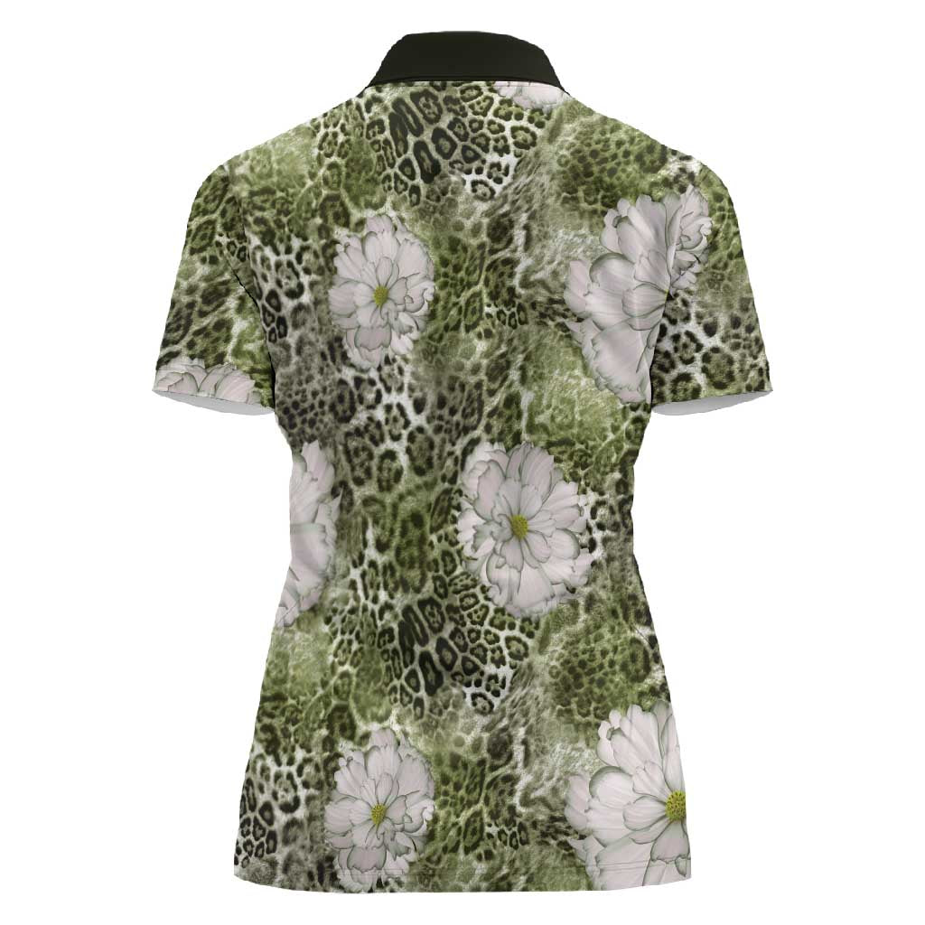 African Leopard Floral Pattern Women Polo Shirt Safari Moss