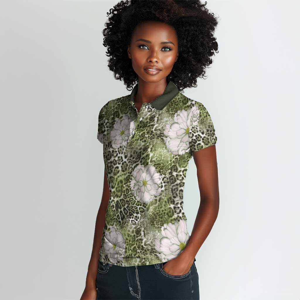 African Leopard Floral Pattern Women Polo Shirt Safari Moss