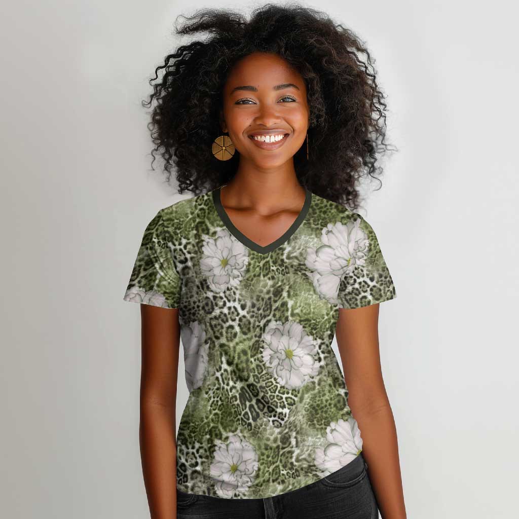 African Leopard Floral Pattern Women V-Neck T-Shirt Safari Moss