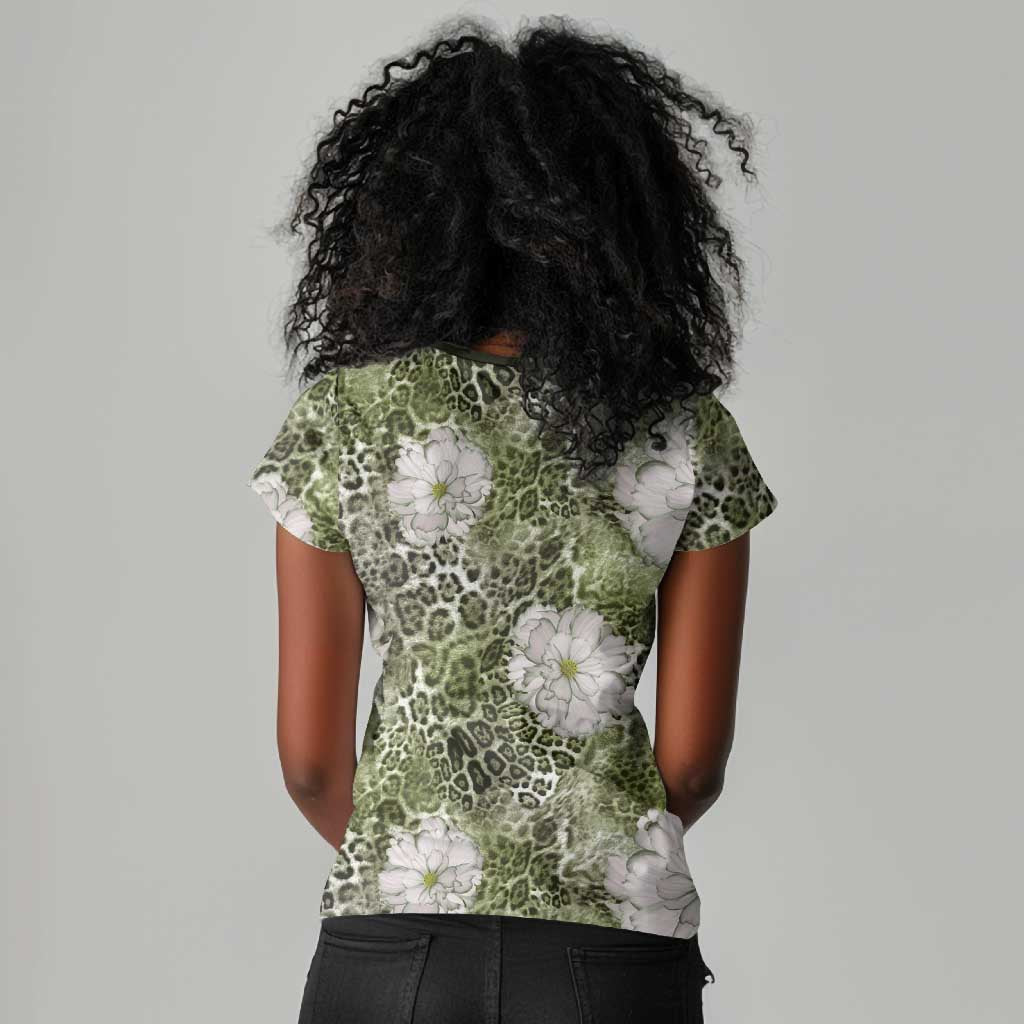 African Leopard Floral Pattern Women V-Neck T-Shirt Safari Moss
