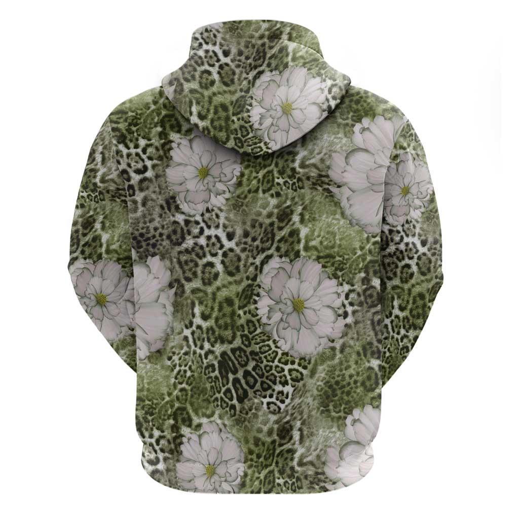 African Leopard Floral Pattern Zip Hoodie Safari Moss