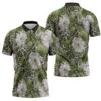 African Leopard Floral Pattern Zipper Polo Shirt Safari Moss