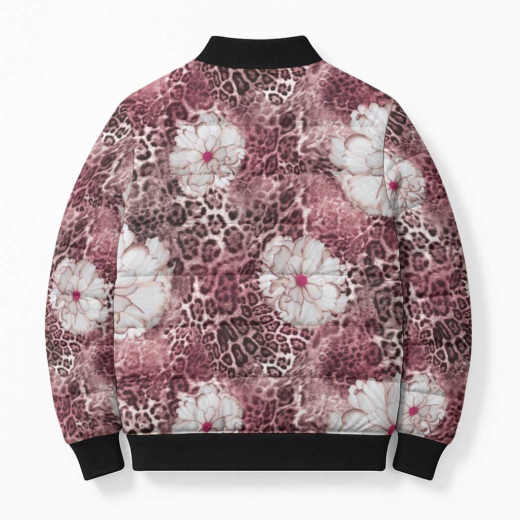 African Leopard Floral Pattern Bomber Puffer Jacket Sunset Mauve