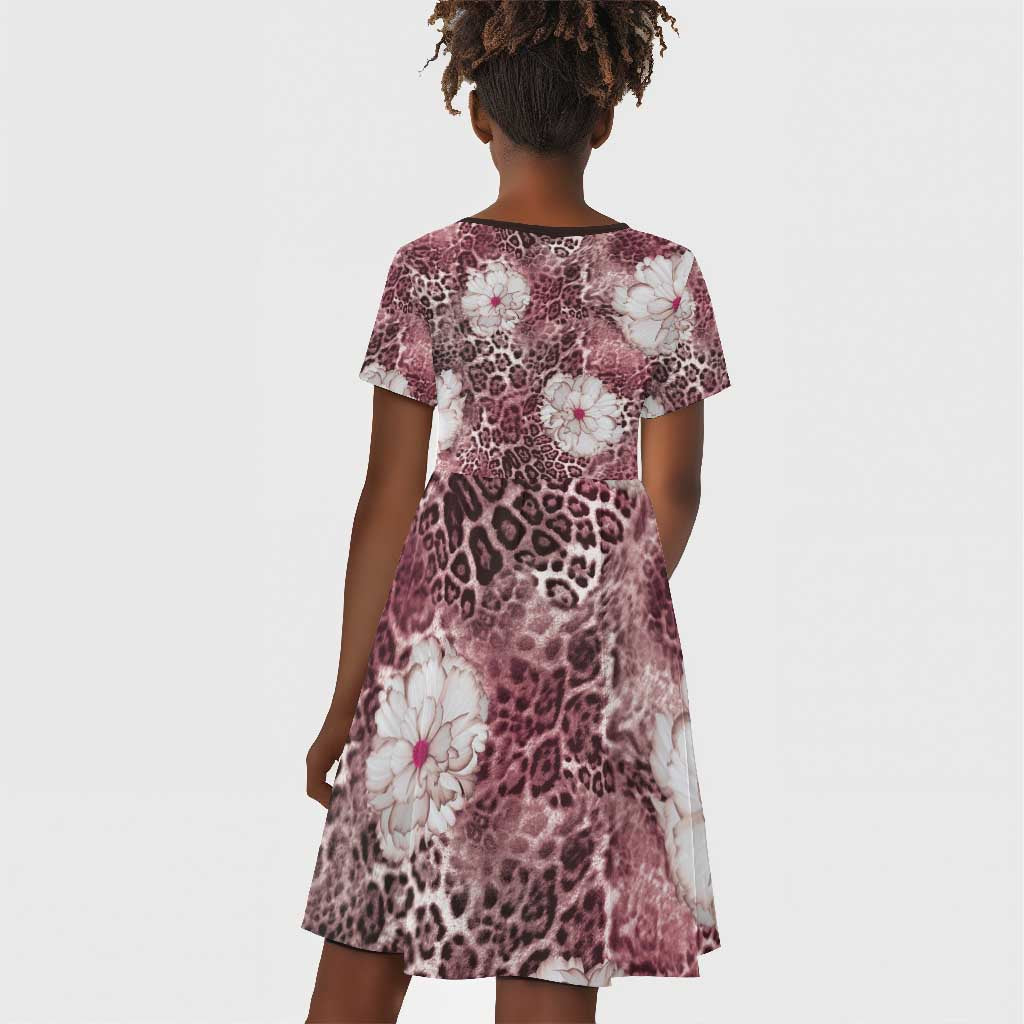 African Leopard Floral Pattern Kid Short Sleeve Dress Sunset Mauve