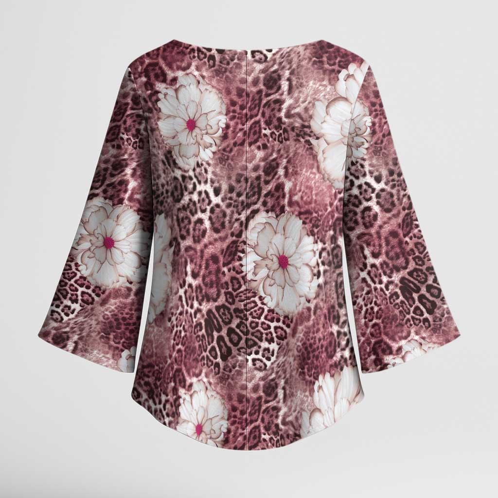 African Leopard Floral Pattern Kimono Sleeve Blouse Sunset Mauve