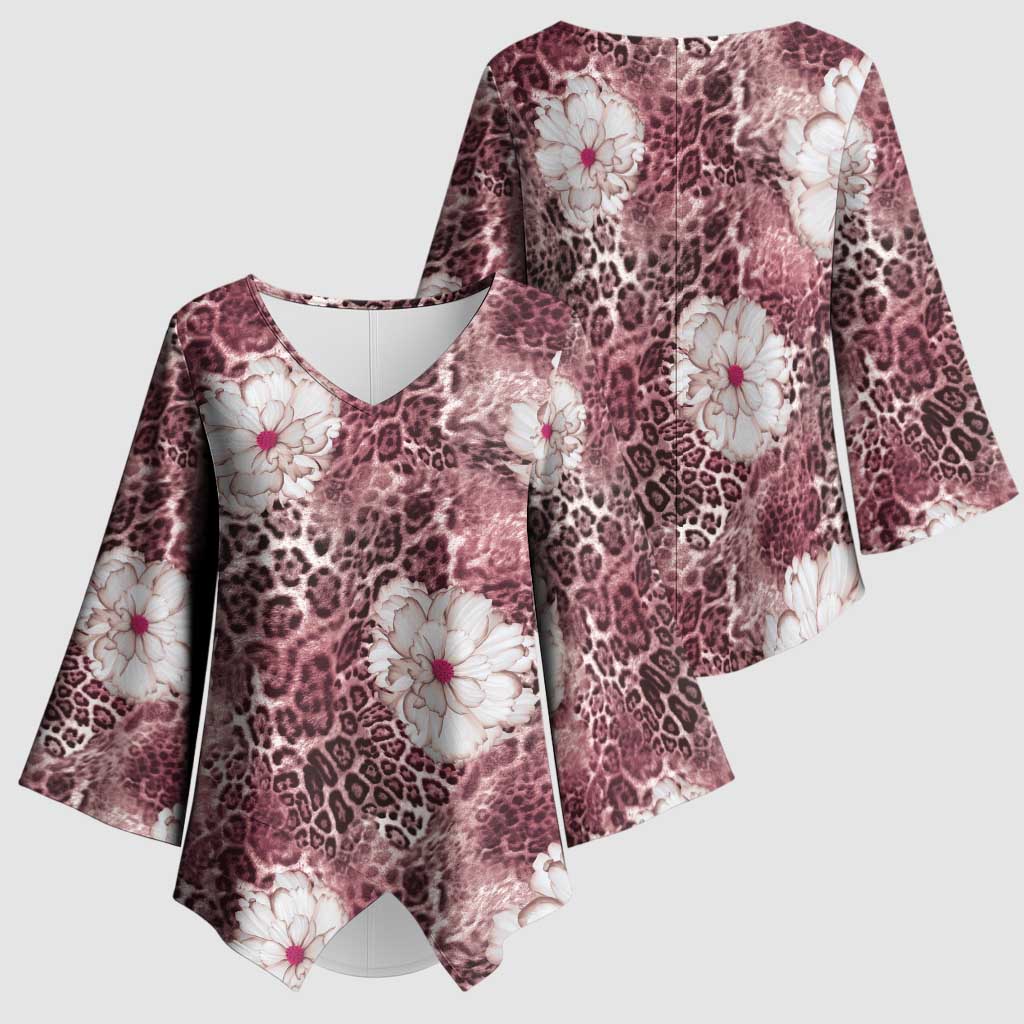 African Leopard Floral Pattern Kimono Sleeve Blouse Sunset Mauve