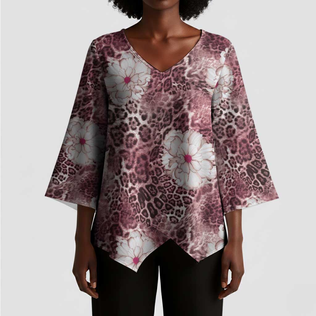 African Leopard Floral Pattern Kimono Sleeve Blouse Sunset Mauve