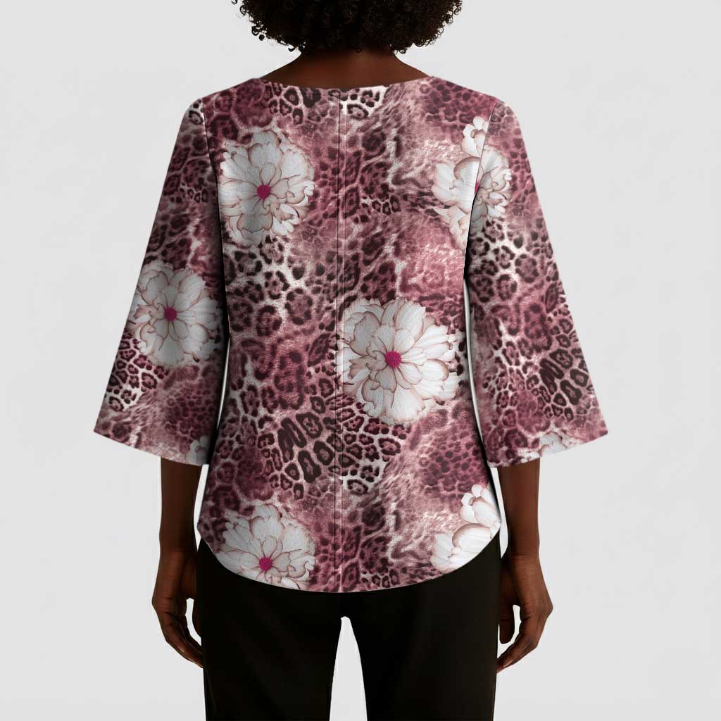 African Leopard Floral Pattern Kimono Sleeve Blouse Sunset Mauve