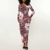 African Leopard Floral Pattern Long Sleeve Bodycon Dress Sunset Mauve