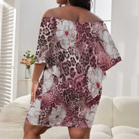 African Leopard Floral Pattern Off Shoulder Short Dress Sunset Mauve