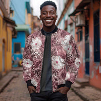 African Leopard Floral Pattern Sleeve Zip Bomber Jacket Sunset Mauve