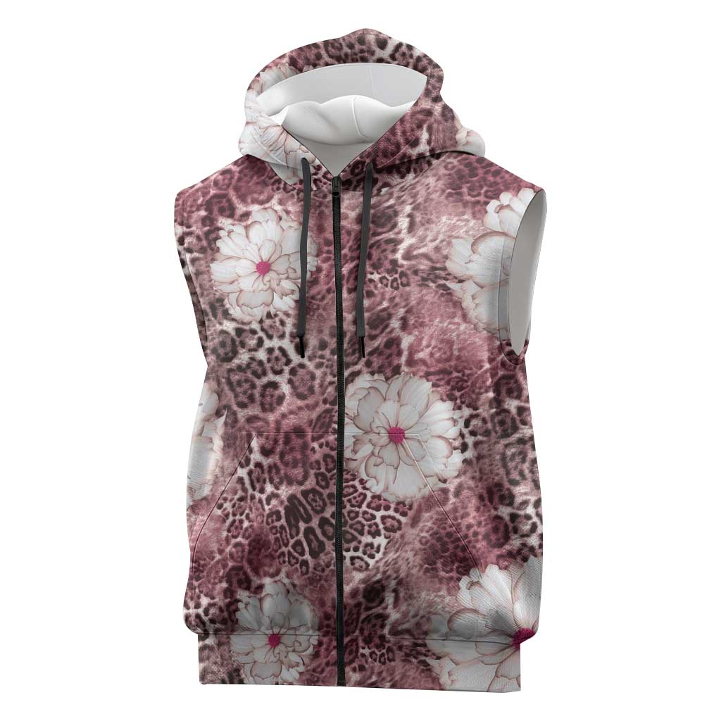 African Leopard Floral Pattern Sleeveless Zip Hoodie Sunset Mauve