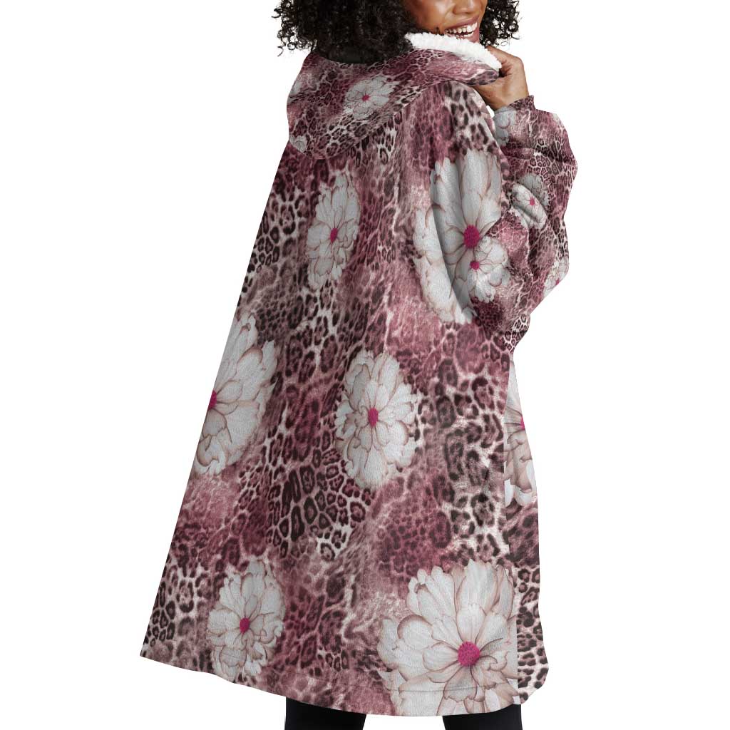 African Leopard Floral Pattern Wearable Blanket Hoodie Sunset Mauve
