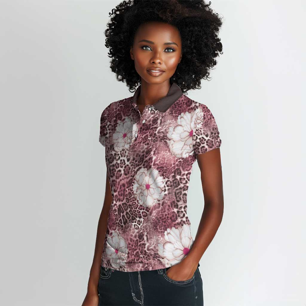 African Leopard Floral Pattern Women Polo Shirt Sunset Mauve