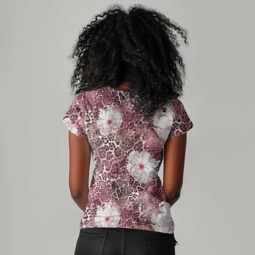 African Leopard Floral Pattern Women V-Neck T-Shirt Sunset Mauve